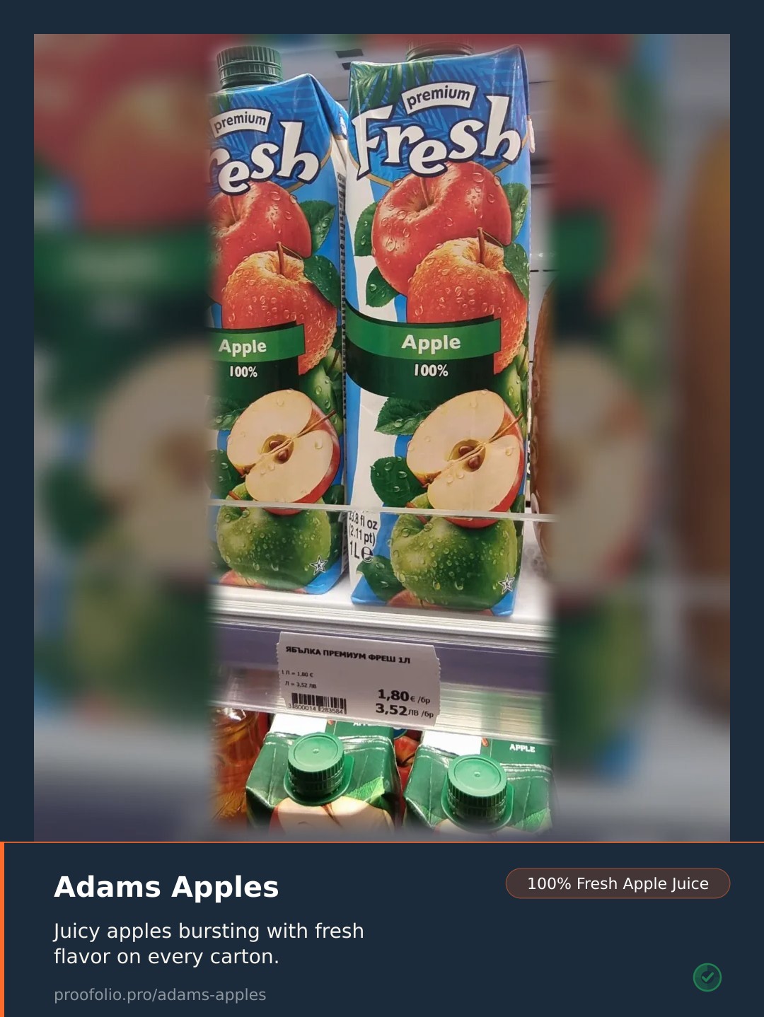 Two cartons of 'Fresh Apple 100%' juice are displayed side-by-side, with images of red and green apples on the packaging.